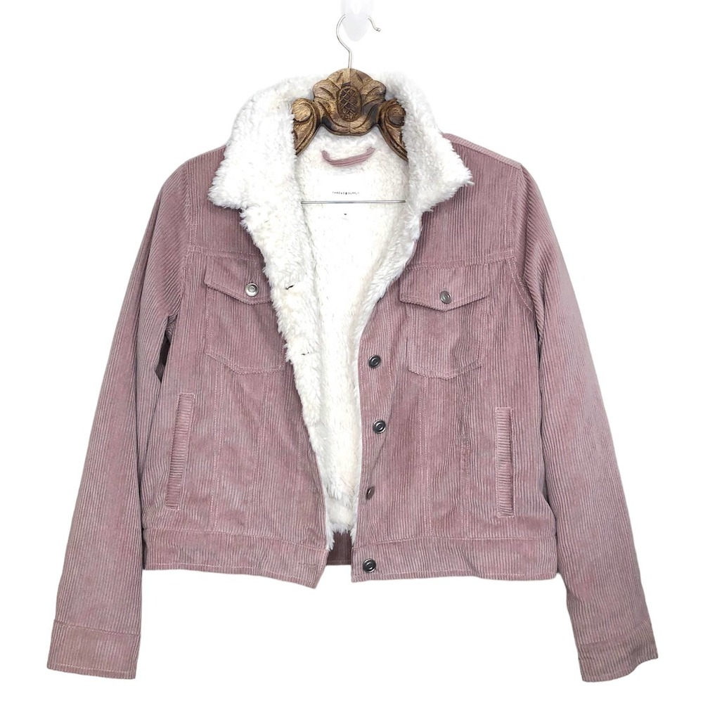 Thread and Supply Sherpa Lined Corduroy Jacket Dusty Rose Mauve Button Front M